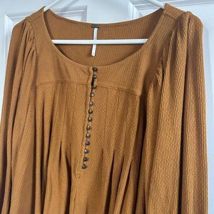Free People Mustard Gold peplum Blouse long balloon sleeve boho soft Size Small